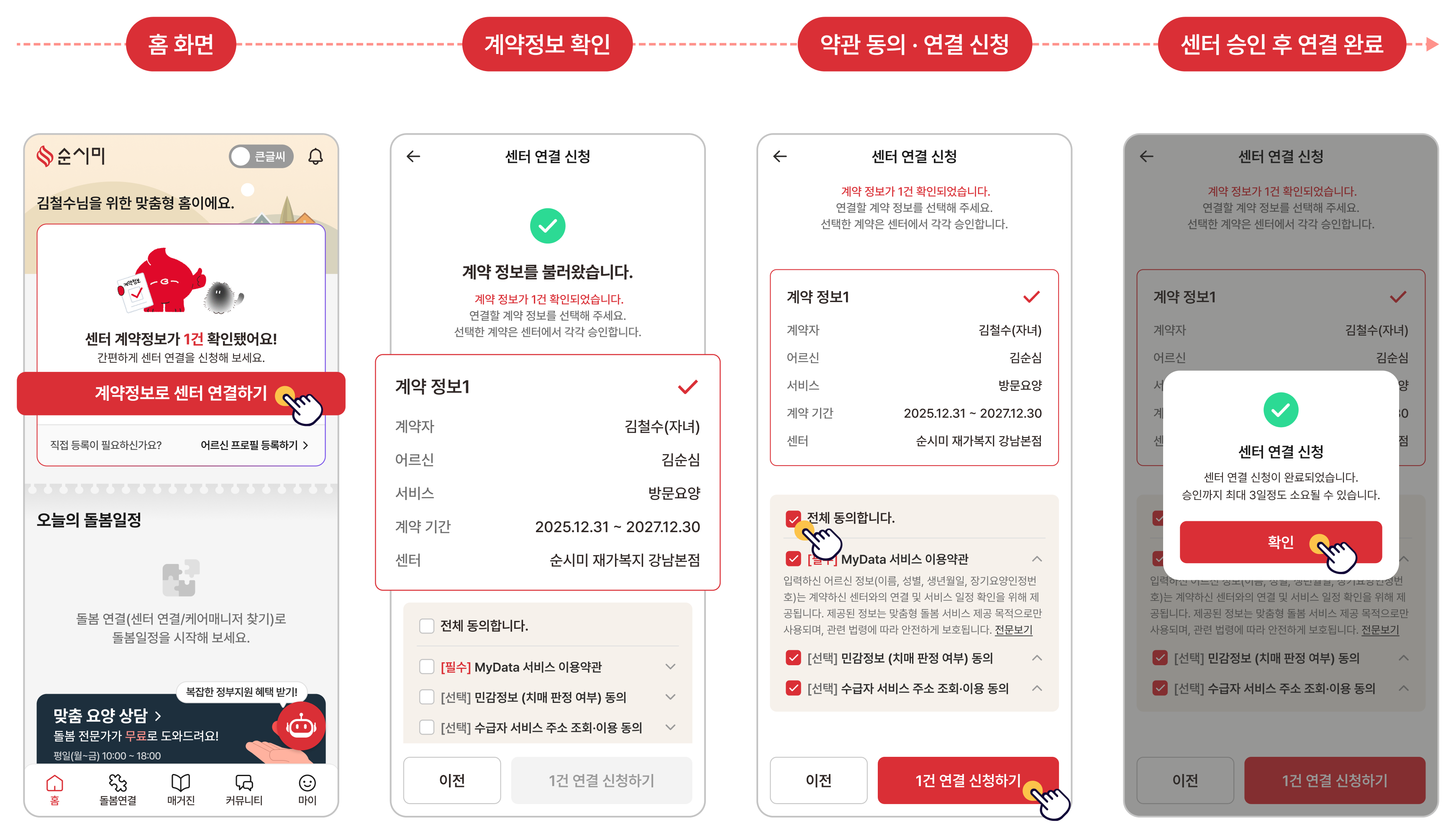 홈 화면에서 계약정보를 확인하고 약관에 동의해 센터 연결을 신청한 뒤 센터 승인 후 연결 정보를 확인하는 과정