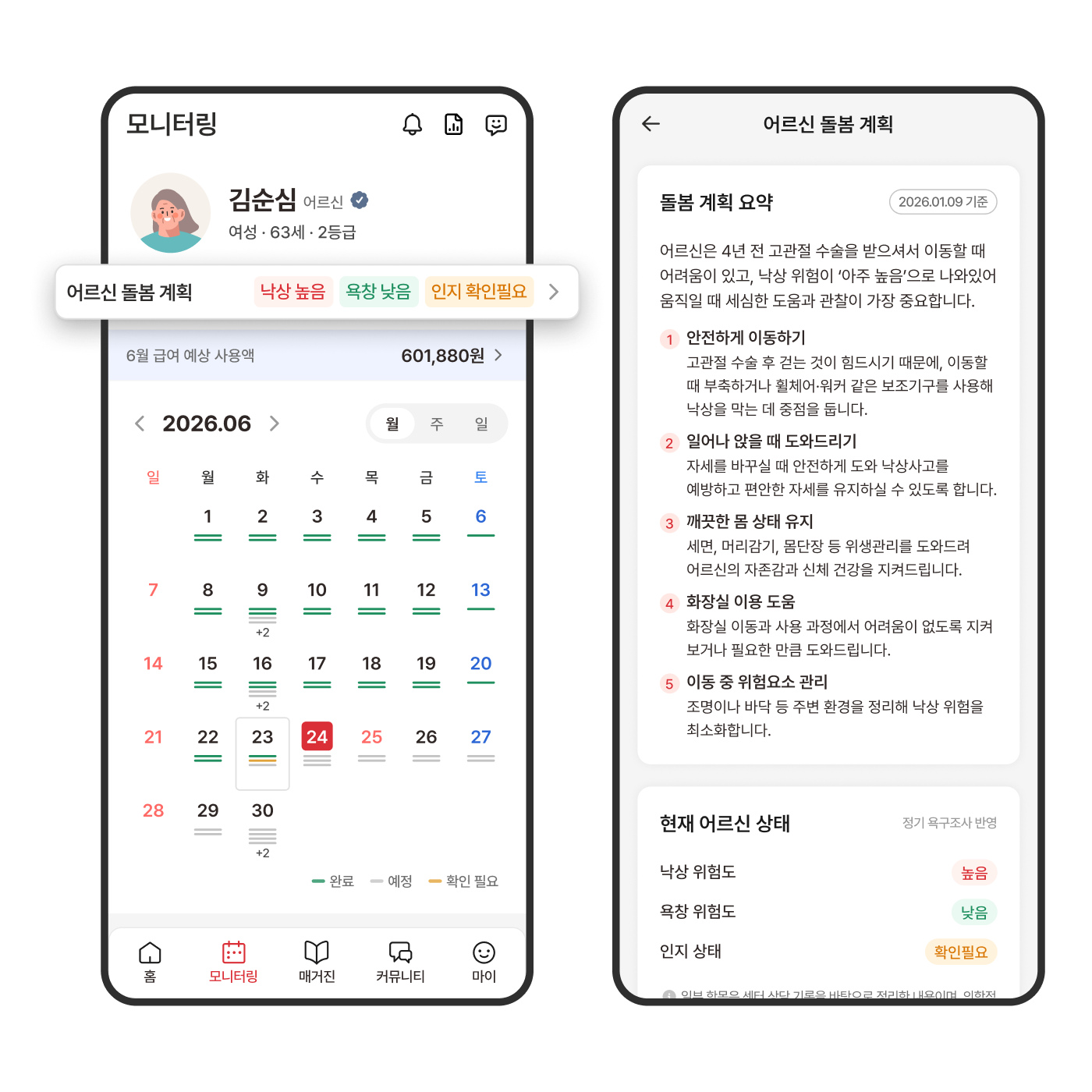 돌봄 계획 확인 화면 예시